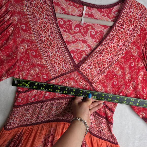 Free People XS Luna Scarf Lacey Print Exaggerated BellSleeve Boho Red Mini Dress - Picture 6 of 16